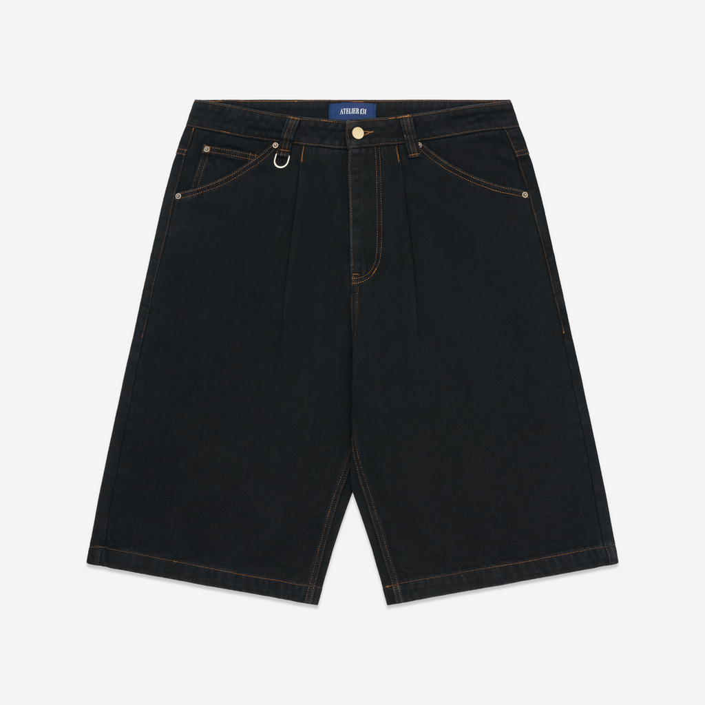 Pleated Denim Shorts - Black / Tobacco