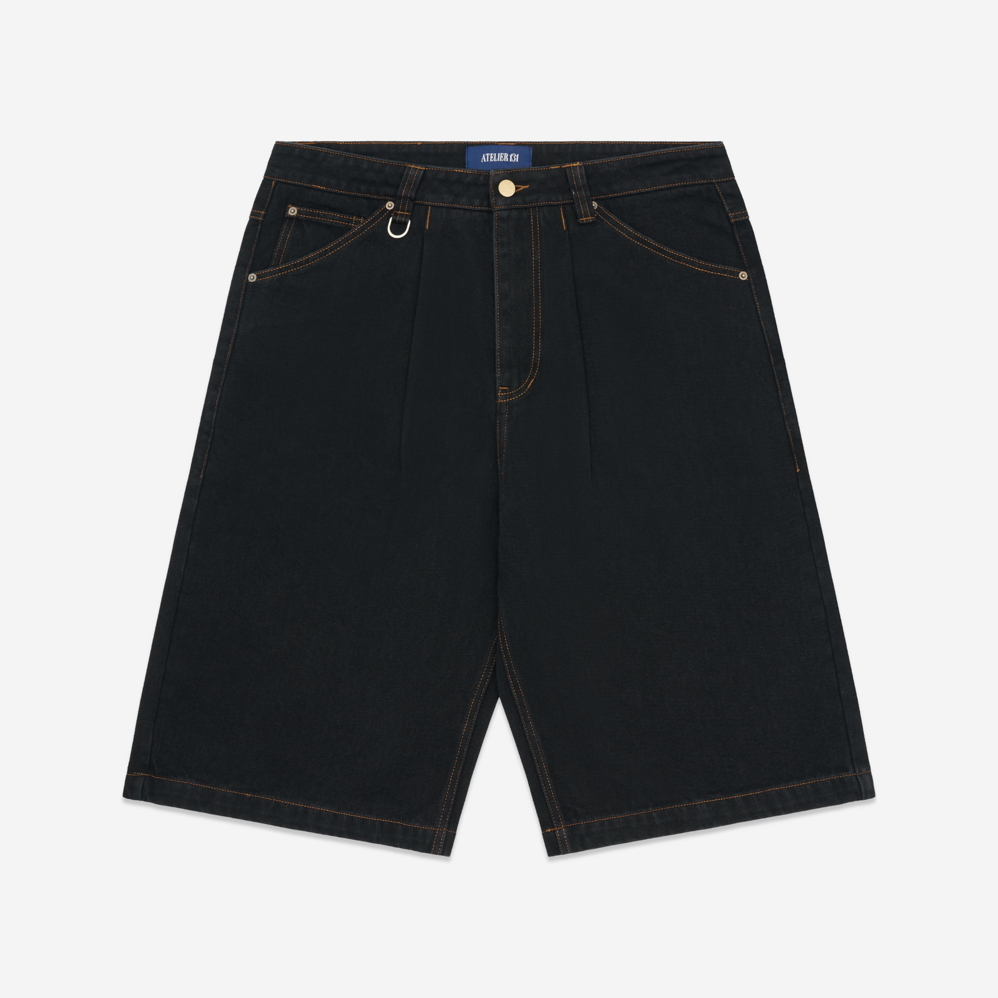 Pleated Denim Shorts - Black / Tobacco