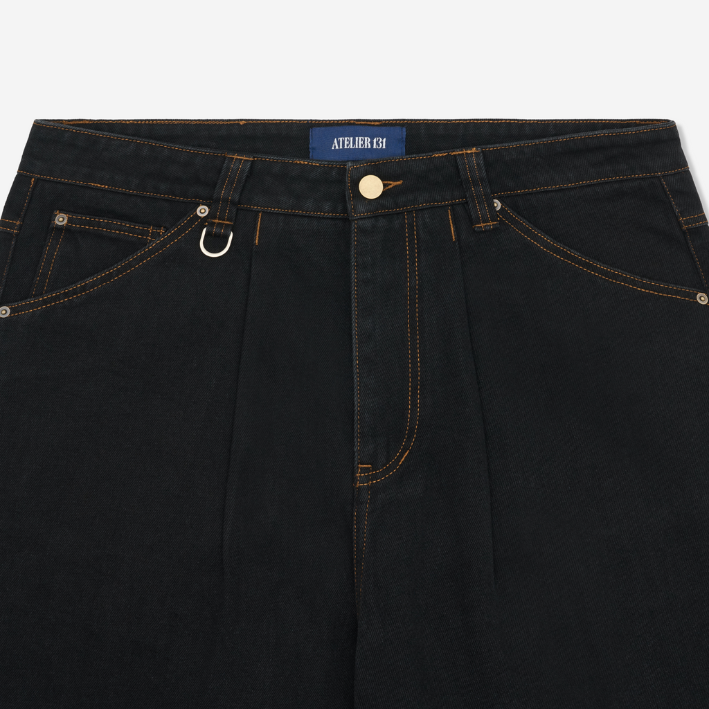 Pleated Denim Shorts - Black / Tobacco