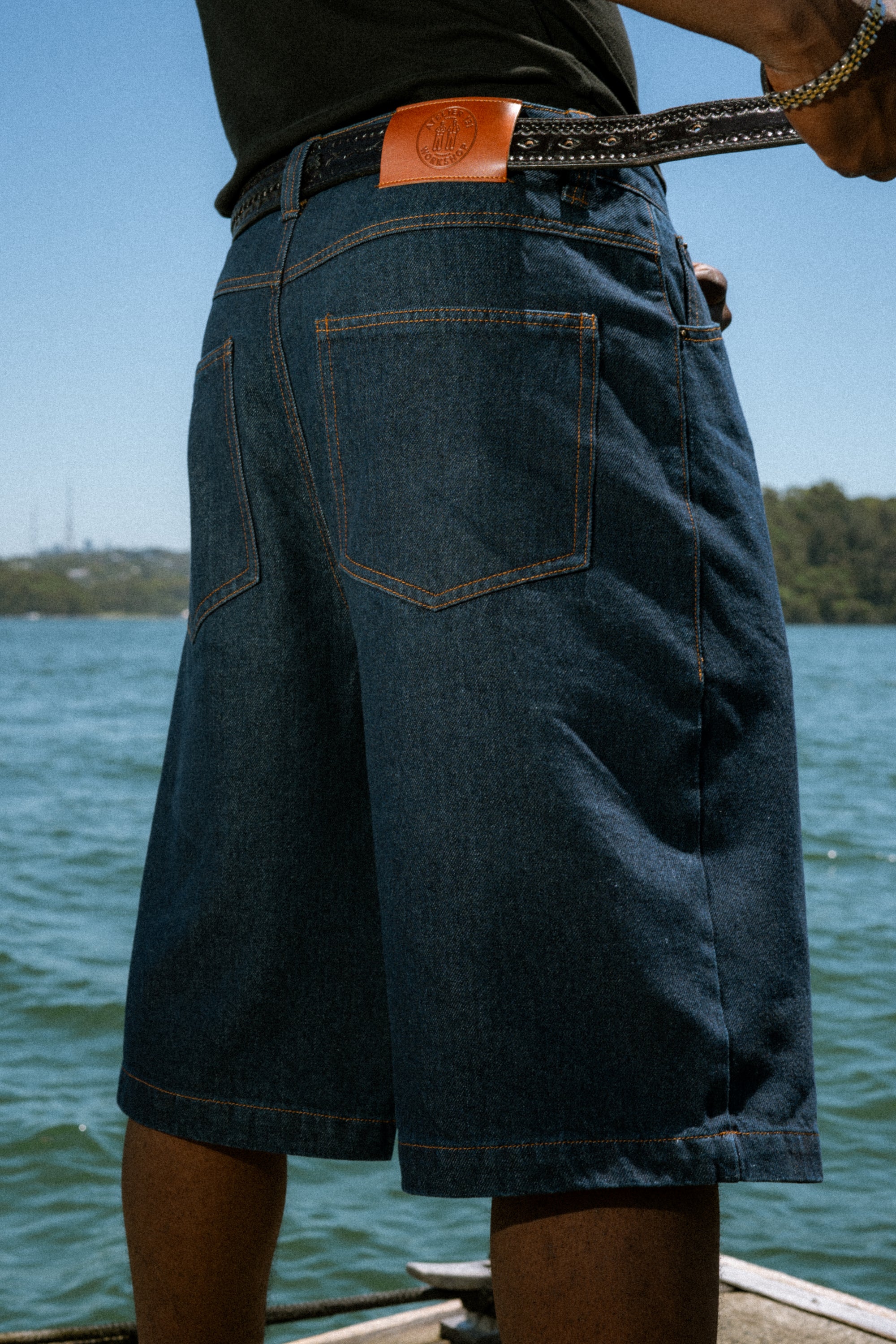 Pleated Denim Shorts - Blue / Tobacco