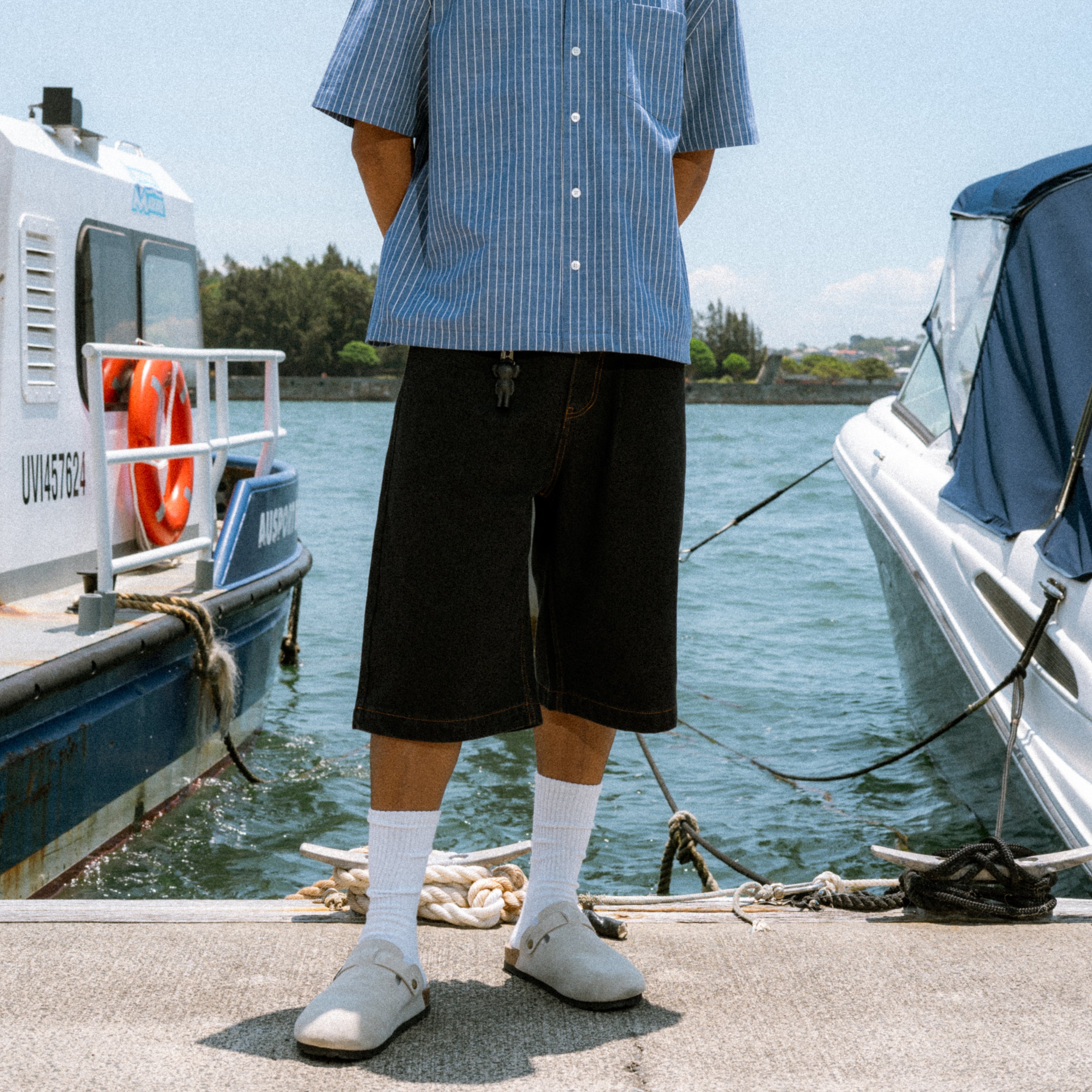 Pleated Denim Shorts - Blue / Tobacco