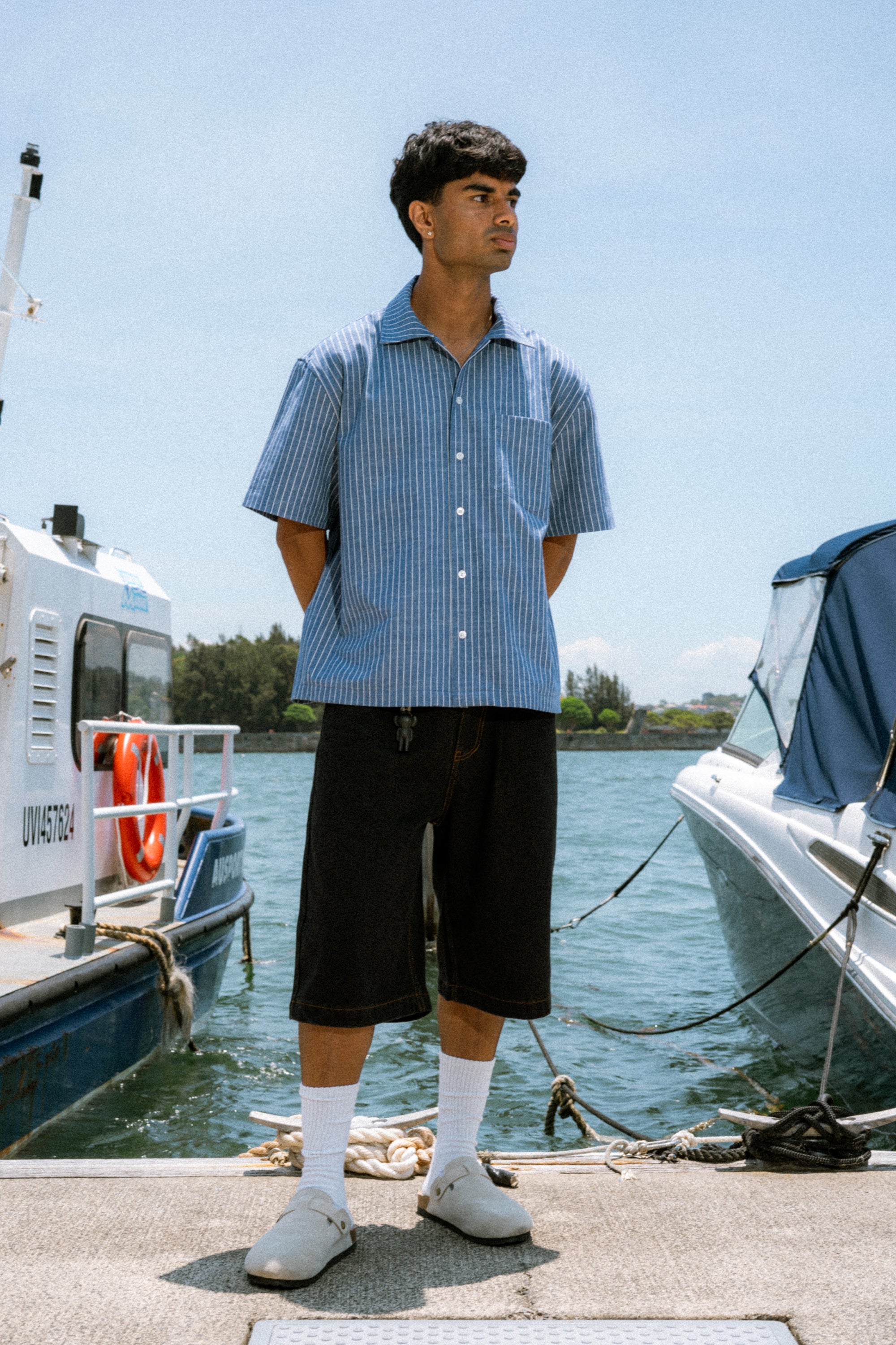 Boxy Button Up Shirt - Blue Pinstripe