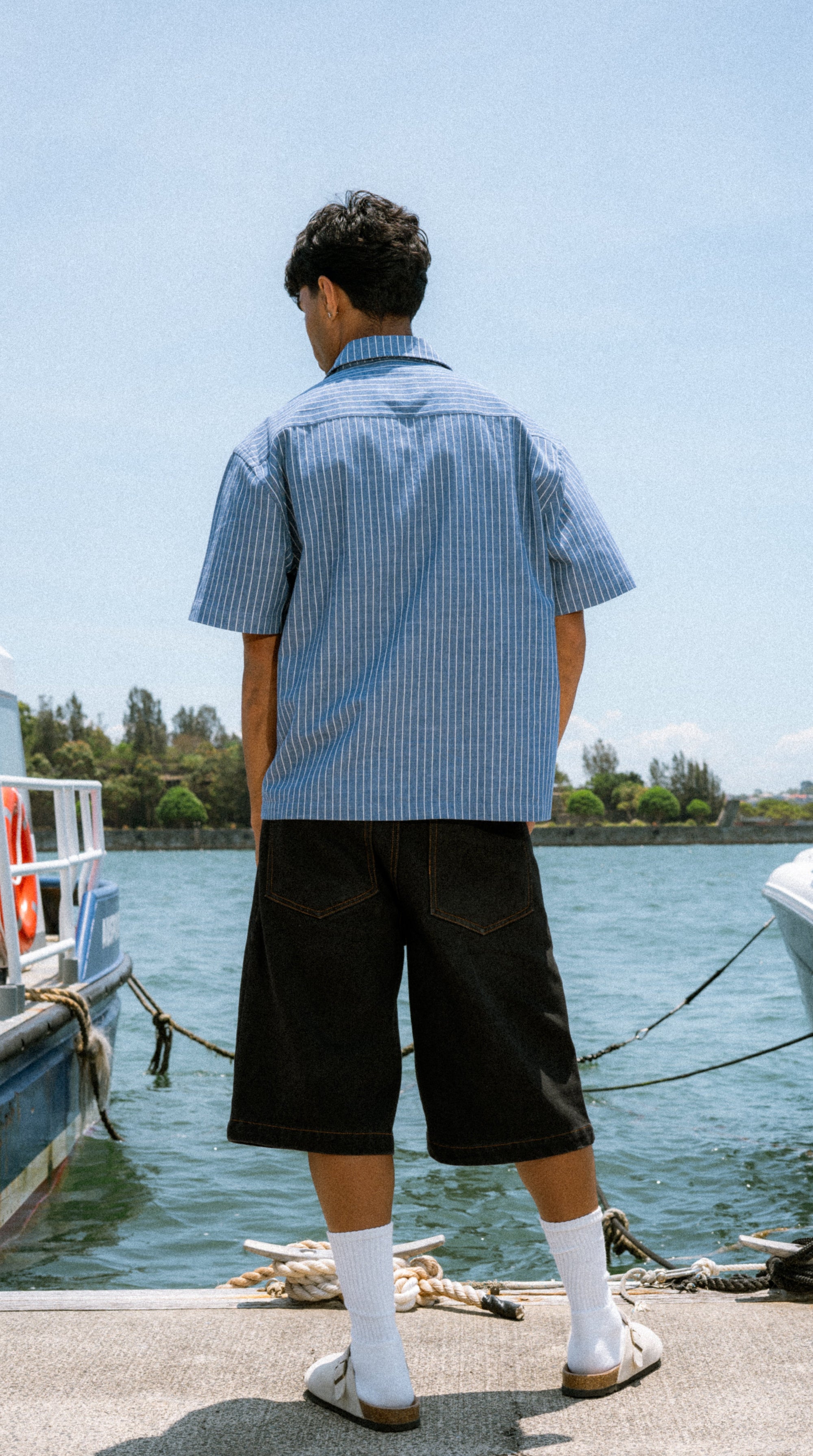 Boxy Button Up Shirt - Blue Pinstripe