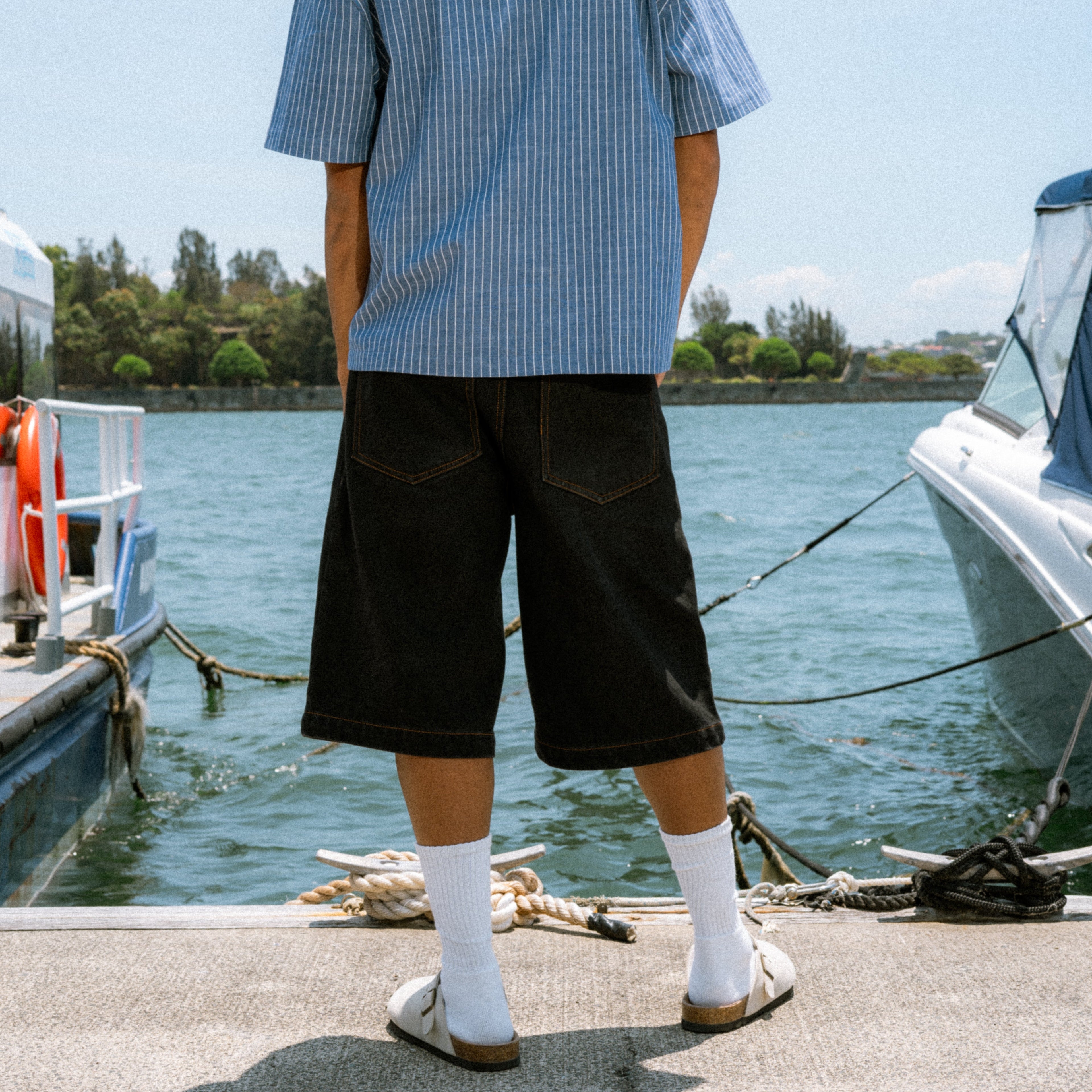 Pleated Denim Shorts - Blue / Tobacco
