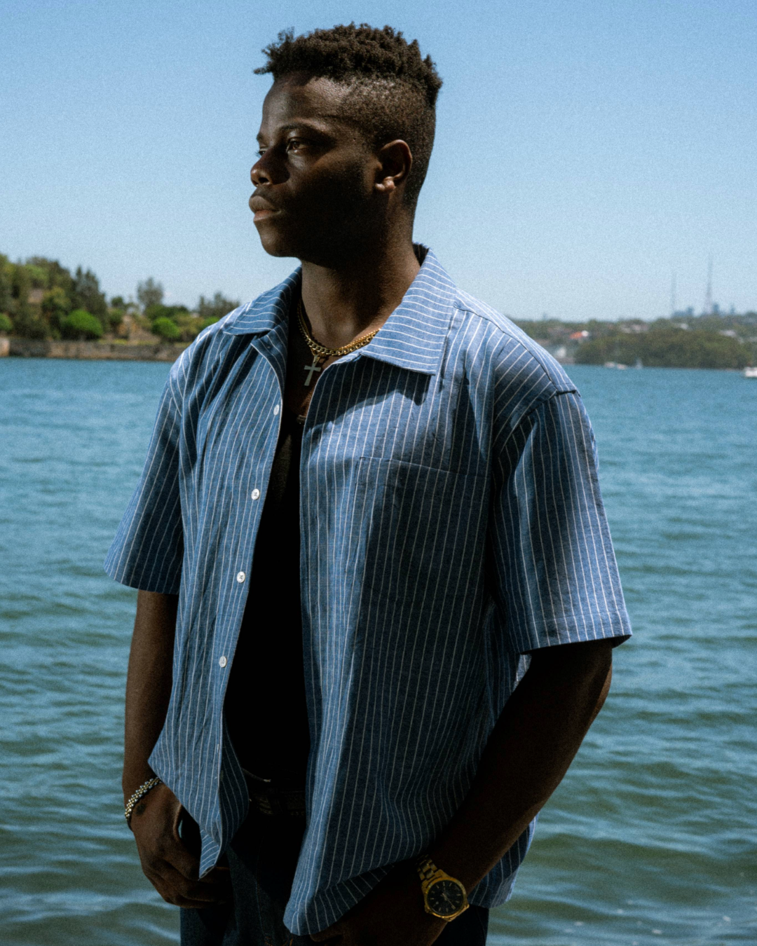 Boxy Button Up Shirt - Blue Pinstripe